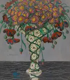 Carl Strathmann, Blumenstillleben, Gouache, Tempera, Öl und Goldlack auf Papier