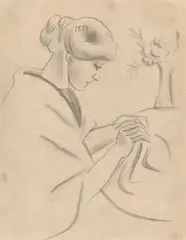 Nähende Frau II“ (Elisabeth Macke) by August Macke, 1910, Bleistift, gewischt, auf Velin, sold Nov 2025