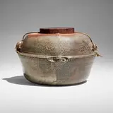 Sandra Johnstone, Covered jar, c. 1975, glazed stoneware, leather, wood