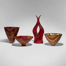 Michael Mode, Collection of four works, 2017-2024, purpleheart, cocobolo, macassar ebony, myrtle burl, holly, wenge, padauk, yellowheart, sumac, mahogany, ziricote, bubinga