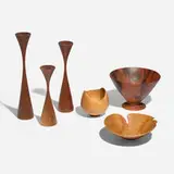 Collection of six works by Ron and Myra Kent, Rude Osolnik, Dan Kvitka, and Michael O'Donnell, plum, walnut, Norfolk Island pine, sold Apr 2025