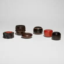 Collection of six boxes by Dale Chase, 1986-2007, African blackwood, pink ivory wood, boxwood, sold Apr 2025