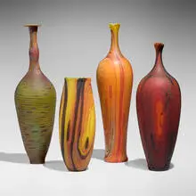 Collection of four vessels by Randy Walker, hand-blown glass, sold Apr 2025