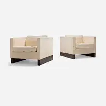 Lounge chairs, pair by Ludwig Mies van der Rohe, upholstery, rosewood veneer, sold Jan 2026