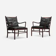 Colonial chairs, pair by Ole Wanscher, 1949, mahogany, leather upholstery, cane, sold Jan 2026