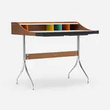 Swag Leg desk, model 5850 by George Nelson & Associates, walnut, chrome-plated steel, laminate, lacquered wood, sold Jan 2026