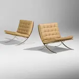 Barcelona chairs, pair by Ludwig Mies van der Rohe, 1929 / 1970, stainless steel, leather upholstery, sold Jan 2026