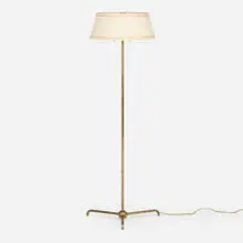 Floor lamp, model 213 by T. H. Robsjohn-Gibbings, c. 1950, brass, fabric shade, enameled steel, sold Jan 2026