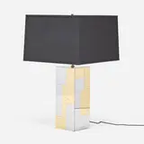 Paul Evans, Cityscape table lamp from the PE 200 series, c. 1975, brass, chrome-plated steel, pressed wood, silk shade