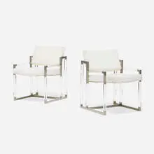 Metric lounge chairs, pair by Charles Hollis Jones, 1968, upholstery, Lucite, nickel-plated steel, sold Jan 2026