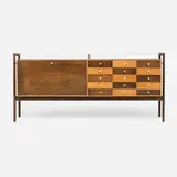 Milo Baughman, Cabinet, c. 1955, walnut, milk glass, laminate, lacquered brass