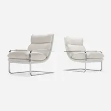 Milo Baughman, Lounge chairs, pair, c. 1971, leather upholstery, chrome-plated steel