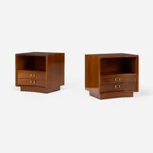 Nightstands, pair by Paul Theodore Frankl, c. 1955, walnut, lacquered wood, brass, sold Jan 2026