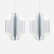 Robert Sonneman, Hanging lamps, pair, c. 1975, chrome-plated and enameled steel