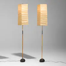 Isamu Noguchi, Akari light sculptures model BB3-70XL, pair, washi paper, bamboo, enameled cast iron, enameled steel