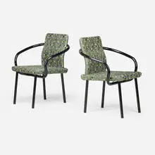 Mandarin armchairs, pair by Ettore Sottsass, 1986, enameled steel, upholstery, sold Jan 2026
