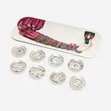Piero Fornasetti, Braccio ingioiellato tray and Mitologia coasters, set of eight, screenprint transfer on enameled metal, glazed porcelain