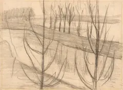 Paula Modersohn-Becker, Überschwemmte Flusslandschaft mit Bäumen, 1903, Kohle auf Bütten. Rückseitig: „Zwei Kniende, Rückenansicht“