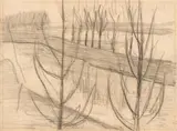 Paula Modersohn-Becker, Überschwemmte Flusslandschaft mit Bäumen, 1903, Kohle auf Bütten. Rückseitig: „Zwei Kniende, Rückenansicht“