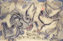 Markus Oehlen, Hühner, Muttern, Schrauben, 1980, Enkaustik und Acryl auf dünnem Nessel