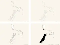 Ketty La Rocca, Hände, 1975, 1 Photographie und 4 Blatt Tuschfederzeichnungen, zum Teil mit Gouache, jeweils auf Papier