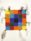 Horst Antes, Quadrat aus 25 Farbfeldern mit 10 Federn
