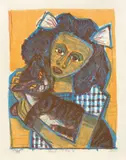 Otto Dix, Mädchen mit Katze II (Kopf Schräg), 1956, Farblithographie auf Van Gelder-Bütten