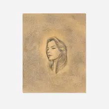Shizu Saldamando, Chola Björk, 2023, graphite on paper and glitter on wood panel