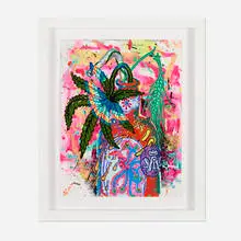 Taylor McKimens, Pink Peacock, 2022, acrylic and wax crayon on paper in artist's frame