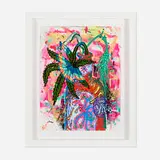 Taylor McKimens, Pink Peacock, 2022, acrylic and wax crayon on paper in artist's frame