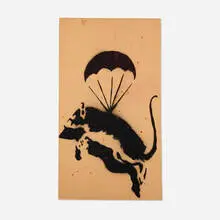 Banksy, Parachuting Rat, 2002, spray paint on cardboard