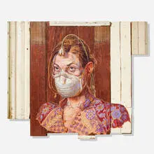 Elbow-Toe, Flora Moscato, 2008, acrylic paint and charcoal on prepared paper adhered to reclaimed lumber on a birch support