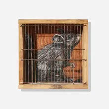 ROA, Mouse in a Cage, ink and acrylic on wood, steel