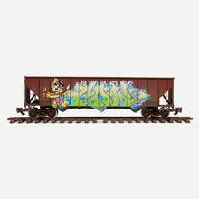 Tim Conlon, UP G Scale Train, spray paint and marker on model train, gravel