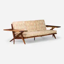 Walter R. Downs, Unique sofa, c. 1960, walnut, hickory, upholstery