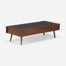 Walter R. Downs, Coffee table, c. 1960, walnut, glass, copper