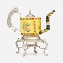 Léopold Foulem, Oval Teapot with Peacocks, 1995, transfer-printed and glazed earthenware, found objects