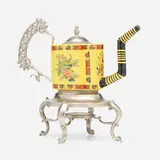 Léopold Foulem, Oval Teapot with Peacocks, 1995, transfer-printed and glazed earthenware, found objects