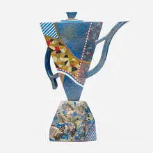 Teapot by Ralph Bacerra, 1984, glazed and gilt porcelain, sold Apr 2025