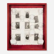 Black & White Sisters by Zsuzsa Péreli, 1996, papier-mâché and collage on paper, sold Apr 2025