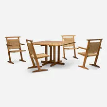 Gino Russo, Dining table and chairs, set of four, c. 1975, zebrawood, jute