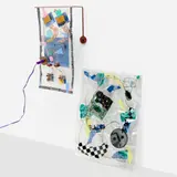 Daniel Weil, Two works, 1981, 1983, plastic, lacquered steel, fabric, radio components