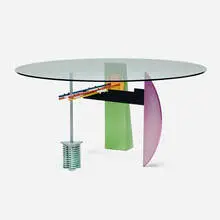 Peter Shire, Smiling Springs table, c. 1983, laminate, enameled steel, anodized aluminum, glass
