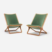 Ward Bennett, Scissor chairs, pair, 1968, upholstery, ash