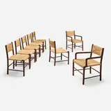 Emanuele Rambaldi, Armchairs, set of ten, carved and stained maple, raffia cord