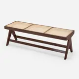 Bench from the M.L.A. Flats building, Chandigarh by Pierre Jeanneret, c. 1956, teak, cane, sold Dec 2025