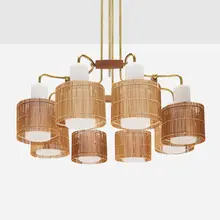 Paavo Tynell, Chandelier, c. 1955, brass, opal glass, bamboo, walnut
