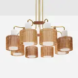 Chandelier by Paavo Tynell, c. 1955, brass, opal glass, bamboo, walnut, sold Dec 2025