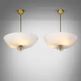 Hanging lamps model 1088, pair by Paavo Tynell, c. 1954, brass, opal glass, sold Dec 2025