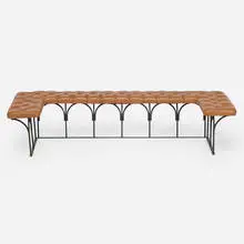 Fireplace fender bench from George Nelson's residence by George Nelson & Associates, c. 1955, wrought iron, Herman Miller leather upholstery, sold Dec 2025